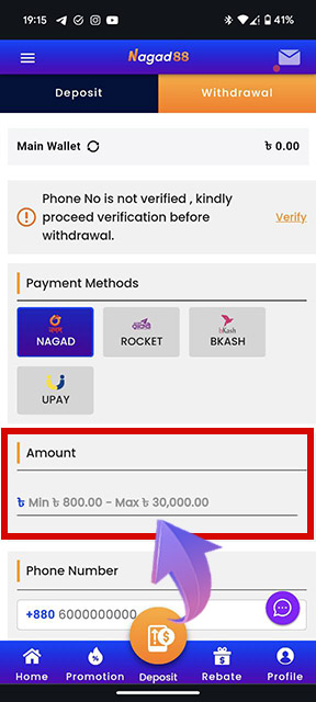 Specify the exact sum you wish to transfer to your account.